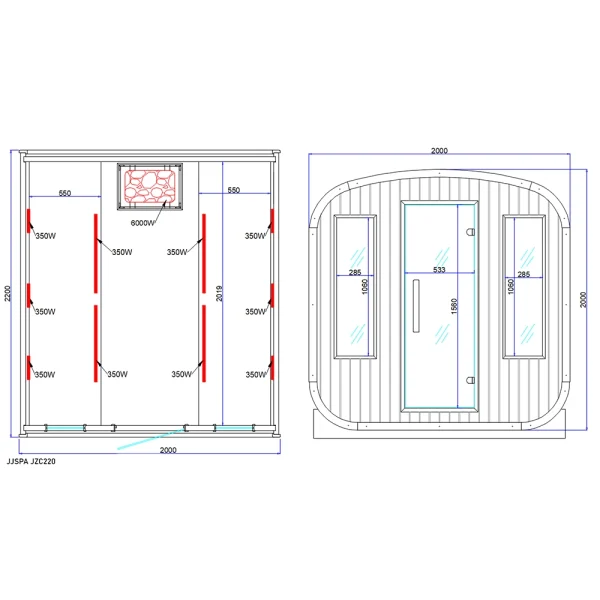 JZC220 JJSPA JZC220 – Vanjska kombinirana sauna tehnička skica.