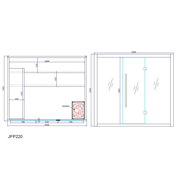 jfp220 JJSPA JFP220 – Finska sauna tehnička skica.