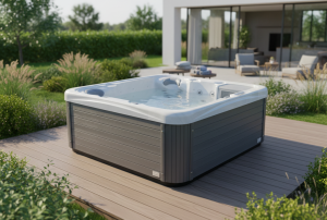Kućni wellness - jacuzzi na vrtu ispred moderne kuce.